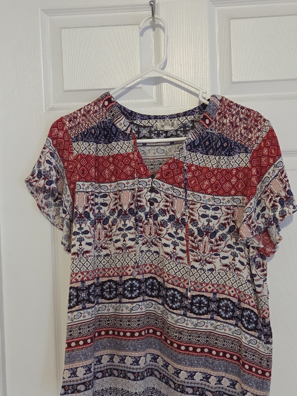 ONE WORLD Short-Sleeve Patchwork Tunic in Red, Navy, and Cream